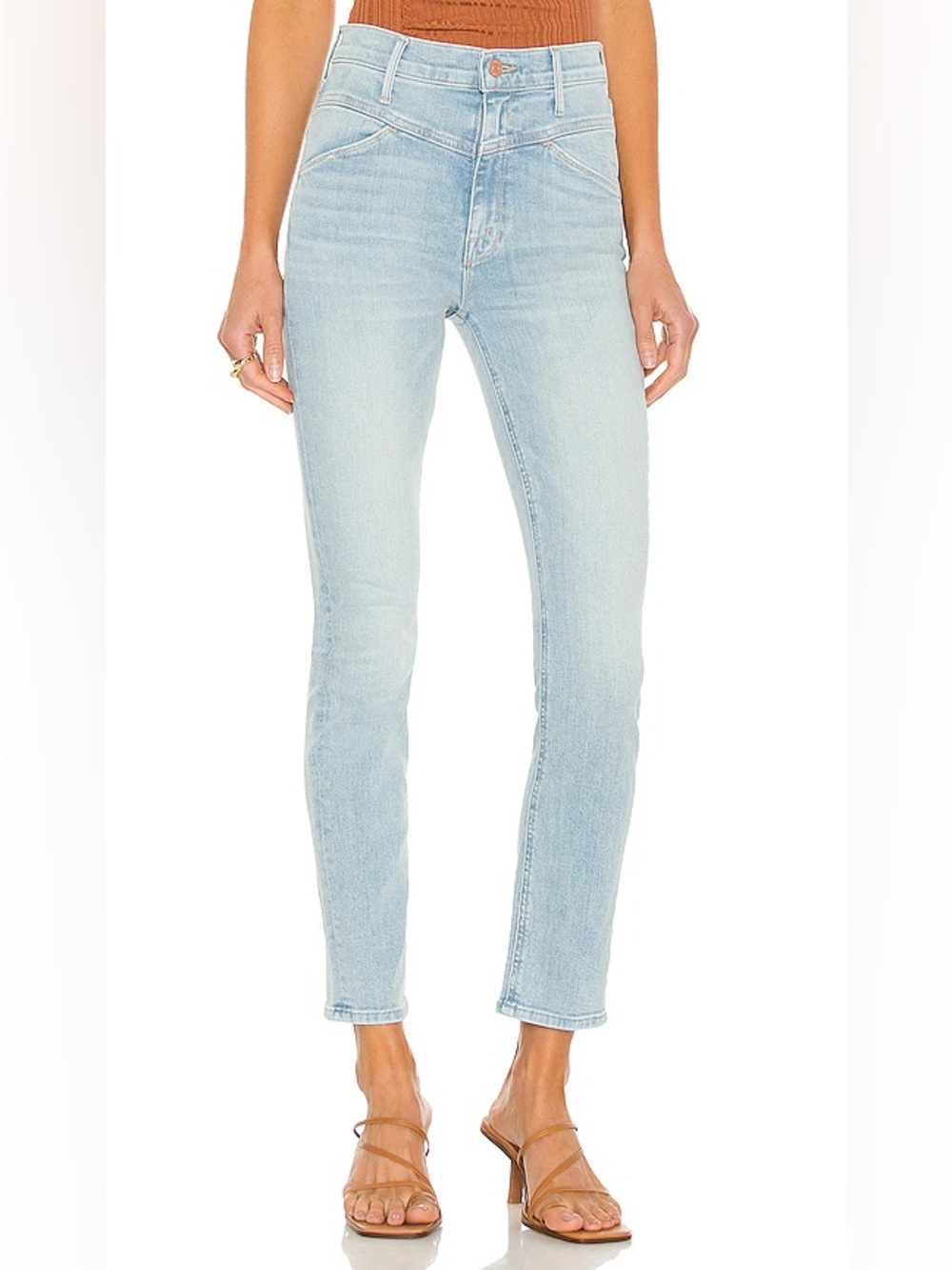 Mother Denim The Dazzler Yoke Front Ankle in Lots of Free Hugs light wash jeans